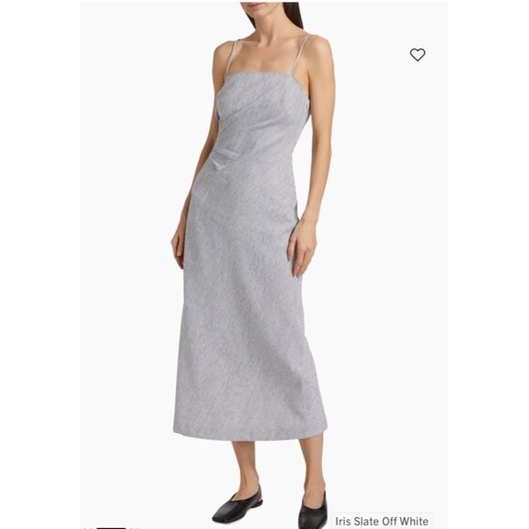 Vince Striped Cotton Linen Midi Dress Size 4 Gray White Summer Casual - Picture 1 of 9